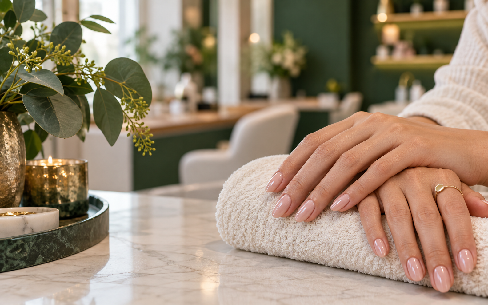 Freshly manicured hands in a calm green beauty salon